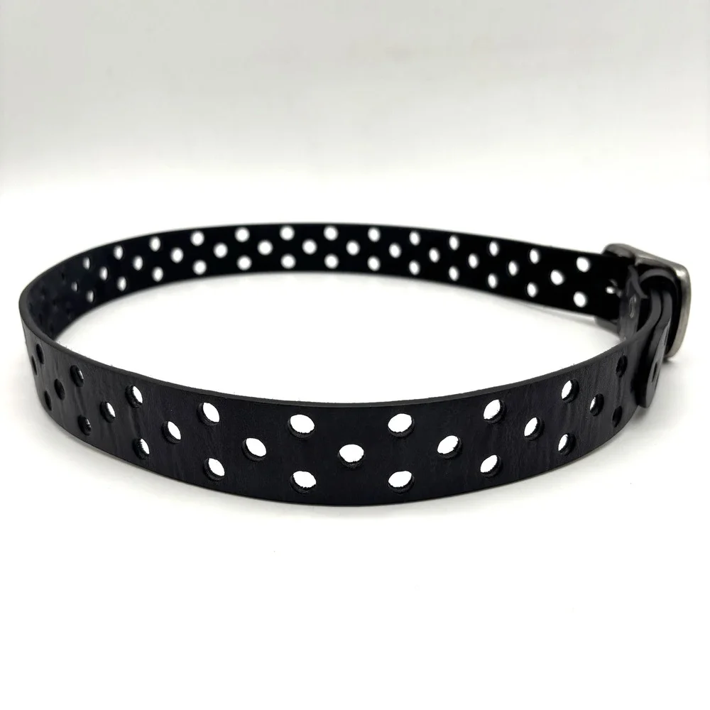 Vintage Y2K Black Genuine Leather Single Prong 3-row Holes Belt S/M Up to 36